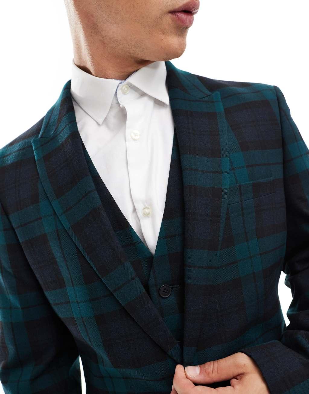 ASOS DESIGN skinny suit jacket in dark green tartan Product Image