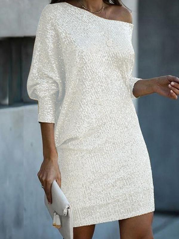 A-Line Loose Asymmetric Sequined Solid Color One-Shoulder Mini Dresses Product Image