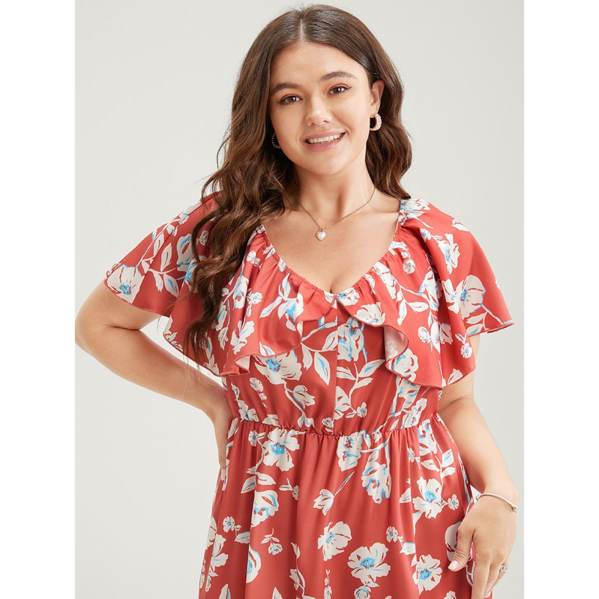 Plus Size Floral Printed Ruffle Trim Pocket V Neck Split Hem Dress Coral Women Elegant Elastic Waist V-neck Sleeveless Curvy Midi Dress BloomChic 10/M Product Image