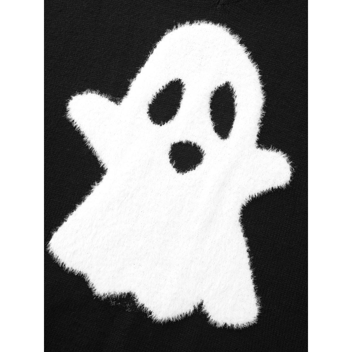 Plus Size Mink Touch Ghost Printed Pullover Black Women Casual Long Sleeve V-neck Everyday Pullovers BloomChic 28/5X Product Image