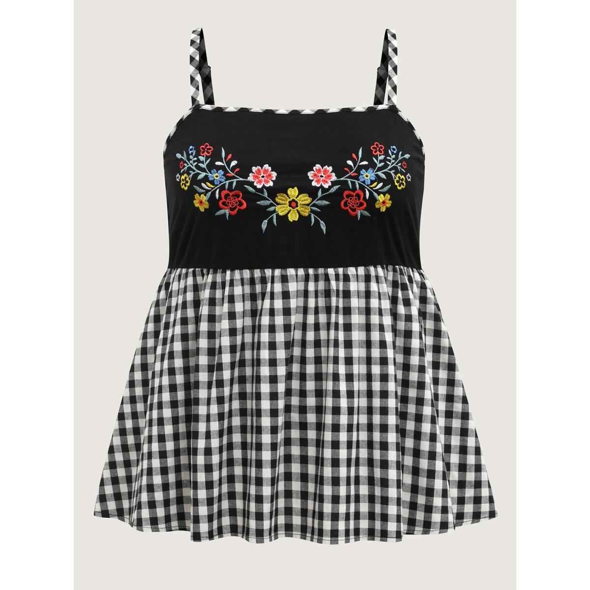 Plus Size Floral Embroidered Plaid Shirred Tank Top Women Black Gathered Non Vacation Tank Tops Camis BloomChic 12/L Product Image