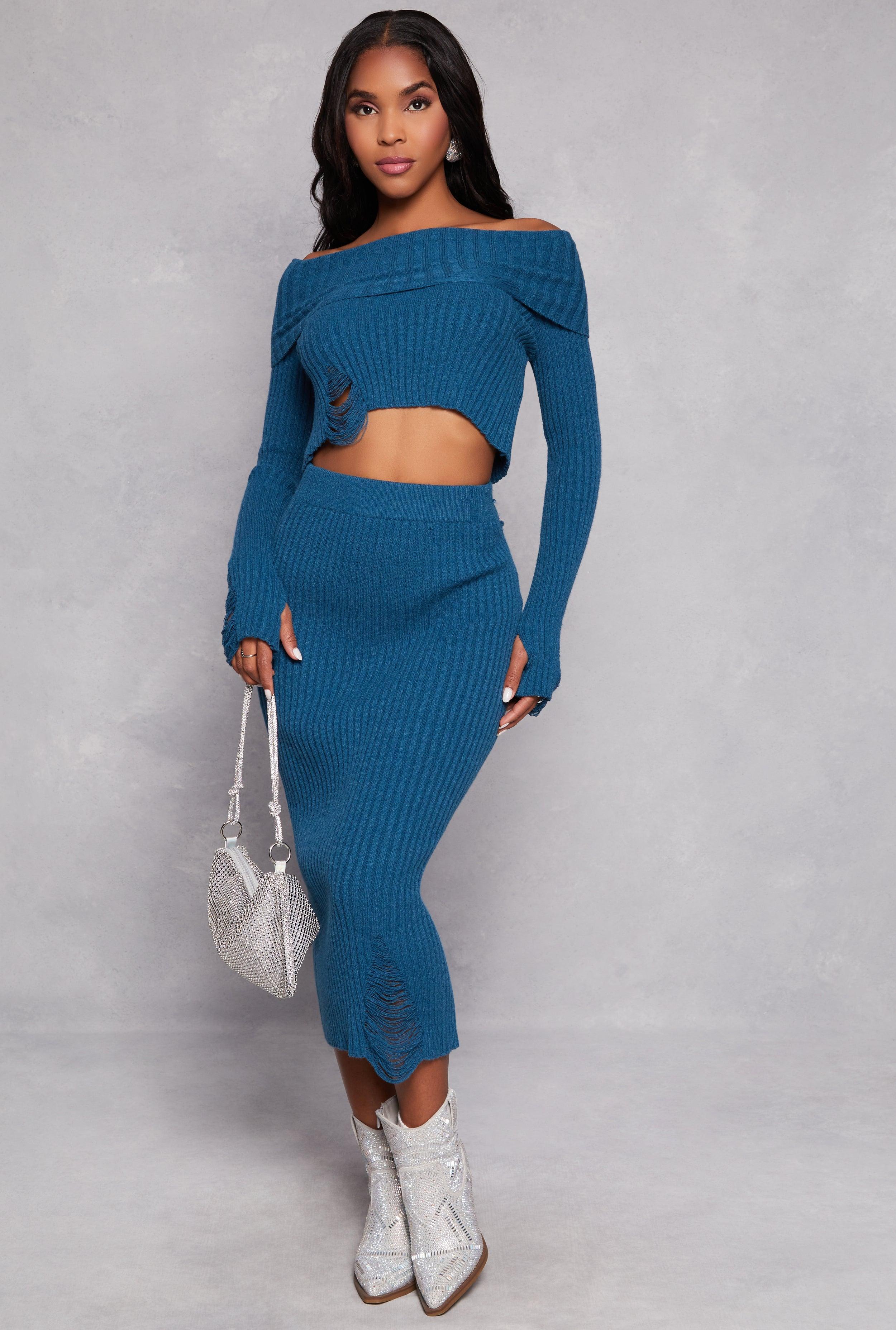 Womens Ribbed Knit Distressed Maxi Skirt Product Image