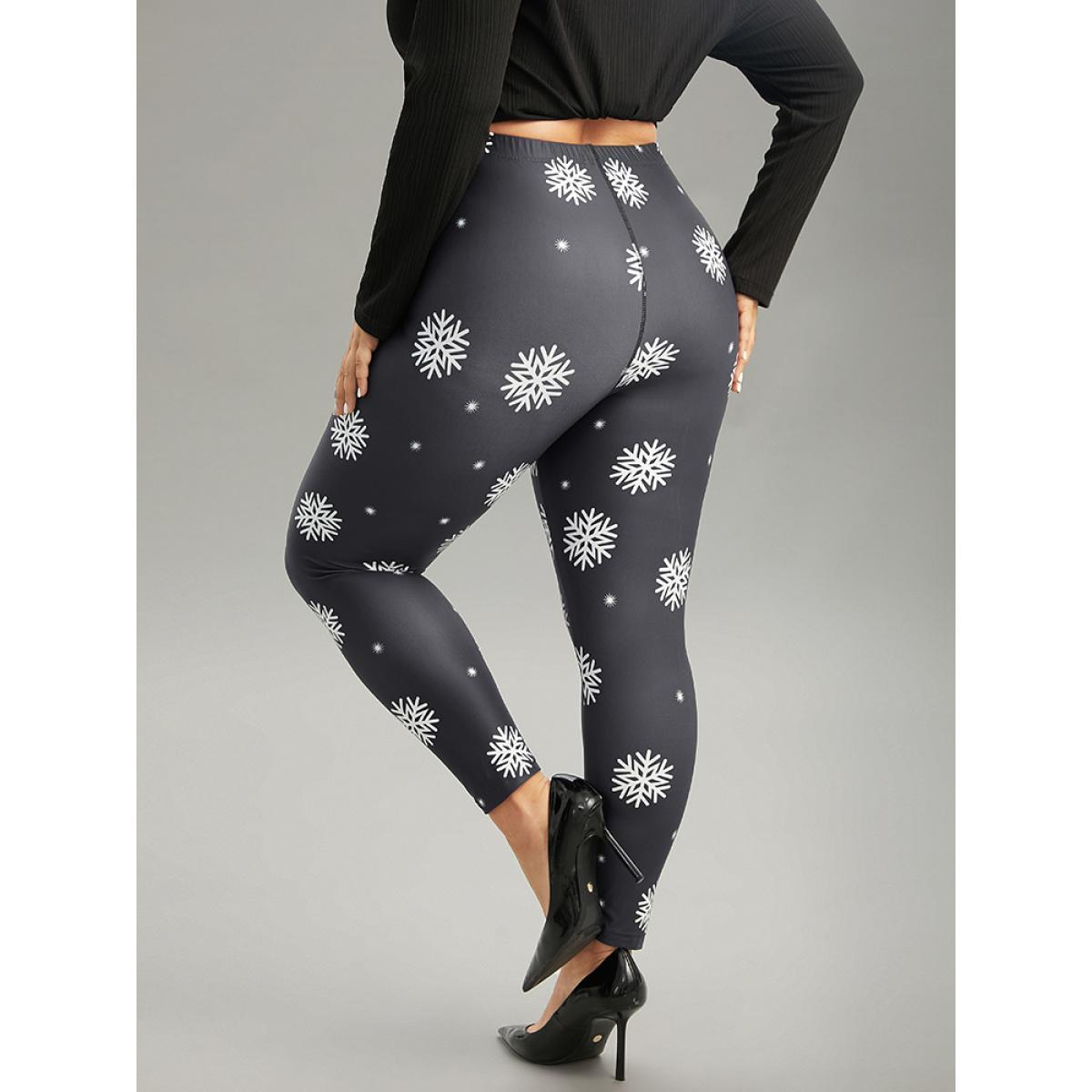 Plus Size Christmas Snowflake Elastic Waist Skinny Leggings Women Black Glamour High stretch Skinny High Rise Festival-Christmas Leggings BloomChic 30/6X Product Image