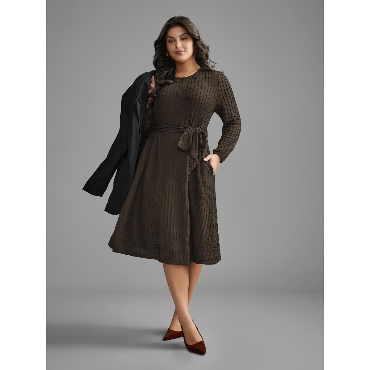 Plus Size Plain Textured Belted Knit Dress DarkBrown Women Casual Texture Knit Dresses Bloomchic 26/4X Product Image