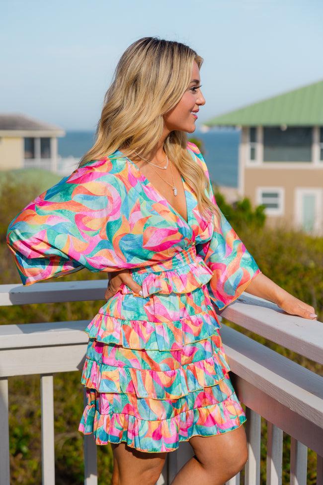 Fun And Flirty In Kaleidoscope Dreams Satin Ruffle Detail Dress SALE Product Image