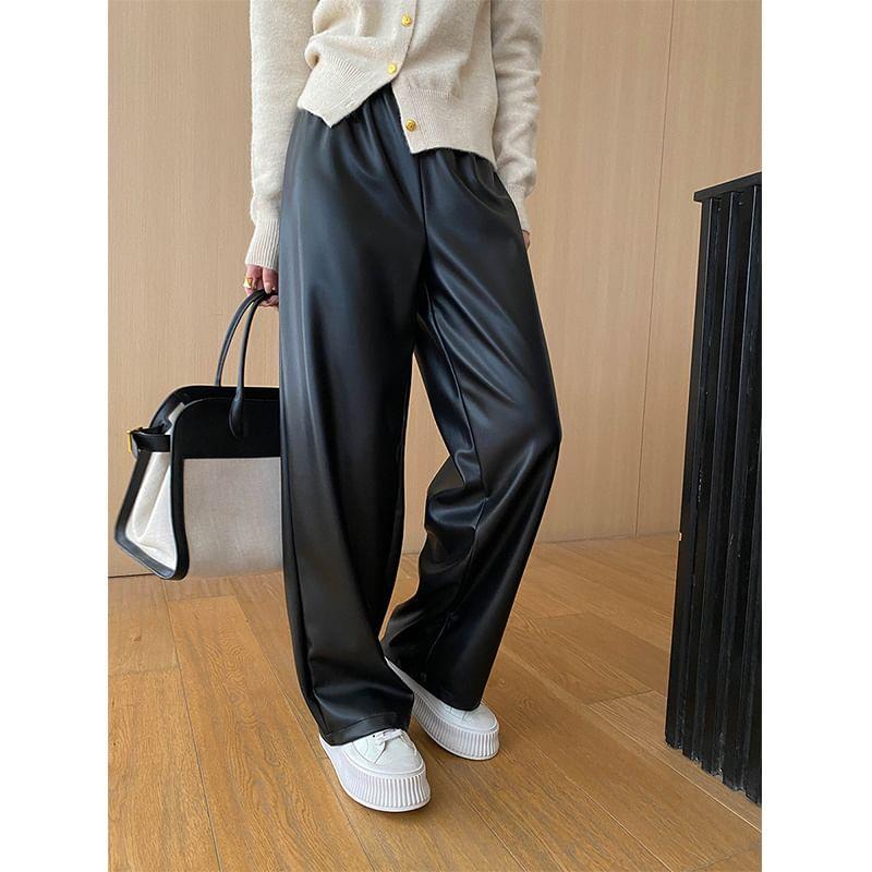 High Waist Plain Faux Leather Loose Fit Pants Product Image