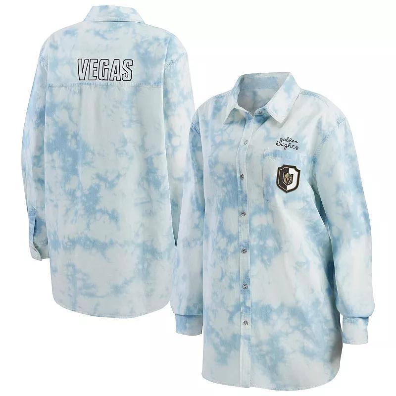 Women's WEAR by Erin Andrews White Chicago Blackhawks Oversized Tie-Dye Button-Up Denim Shirt, Size: Medium Product Image