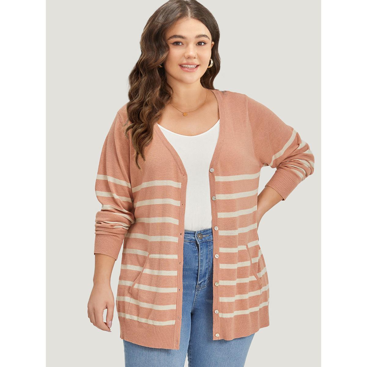 Plus Size Supersoft Essentials Striped Pocket Button Through Cardigan Crepe Women Casual Loose Long Sleeve Dailywear Cardigans BloomChic 10/M Product Image