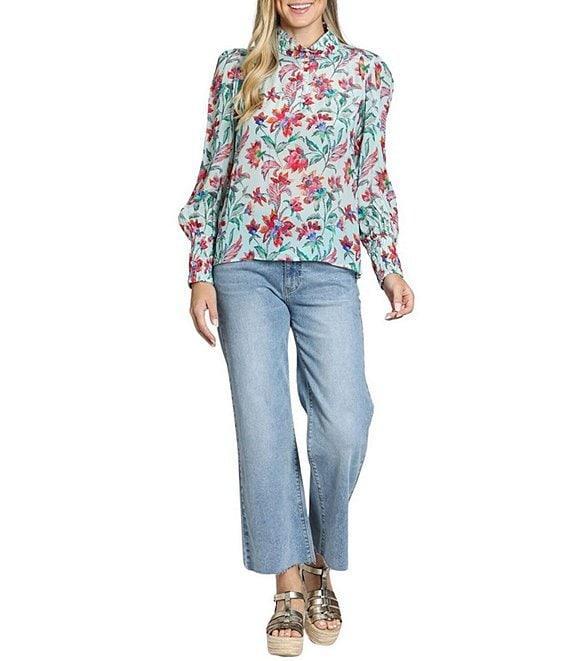 APNY Woven Floral Print Mock Neck Long Sleeve Blouse Product Image