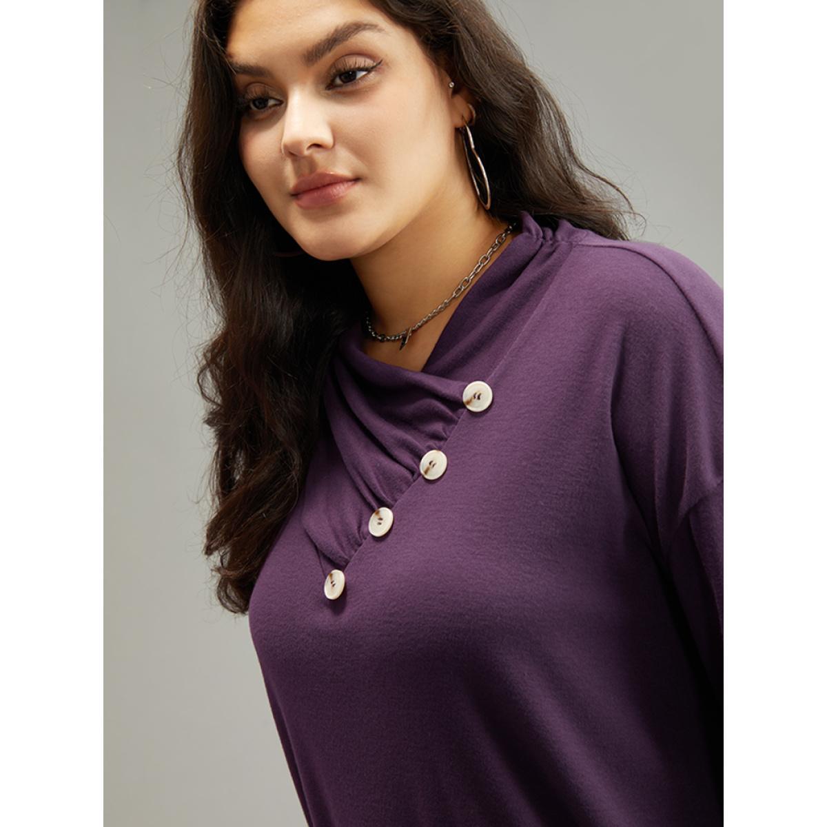 Plus Size Plain Cowl Neck Button Detail Sweatshirt Women Eggplant Casual Plain Overlap Collar Dailywear Sweatshirts BloomChic 28/5X Product Image