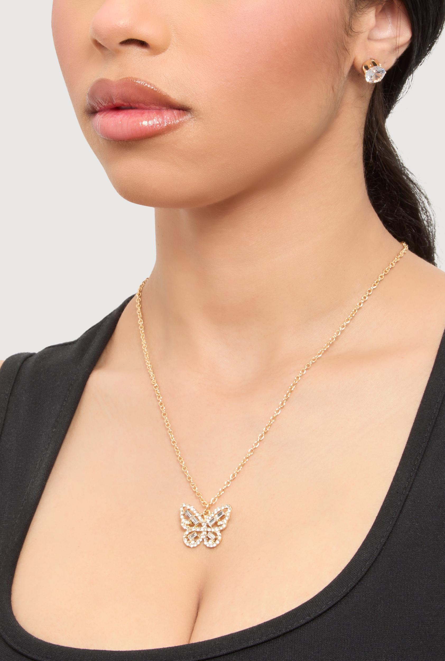 Cubic Zirconia Layered Butterfly Necklace and Stud Earrings Female Product Image