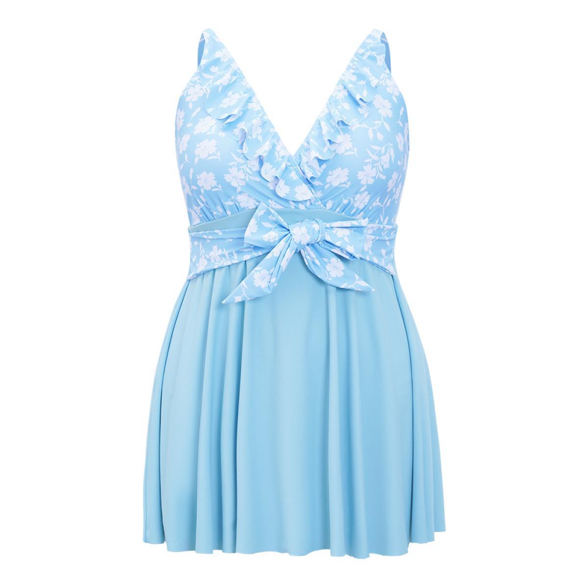 Plus Size Floral Patchwork Ruffle Trim Knot Front Swim Dress Women's Swimwear LightBlue Vacation Bodycon V-neck High stretch Curve Swim Dresses BloomChic 26/4X Product Image