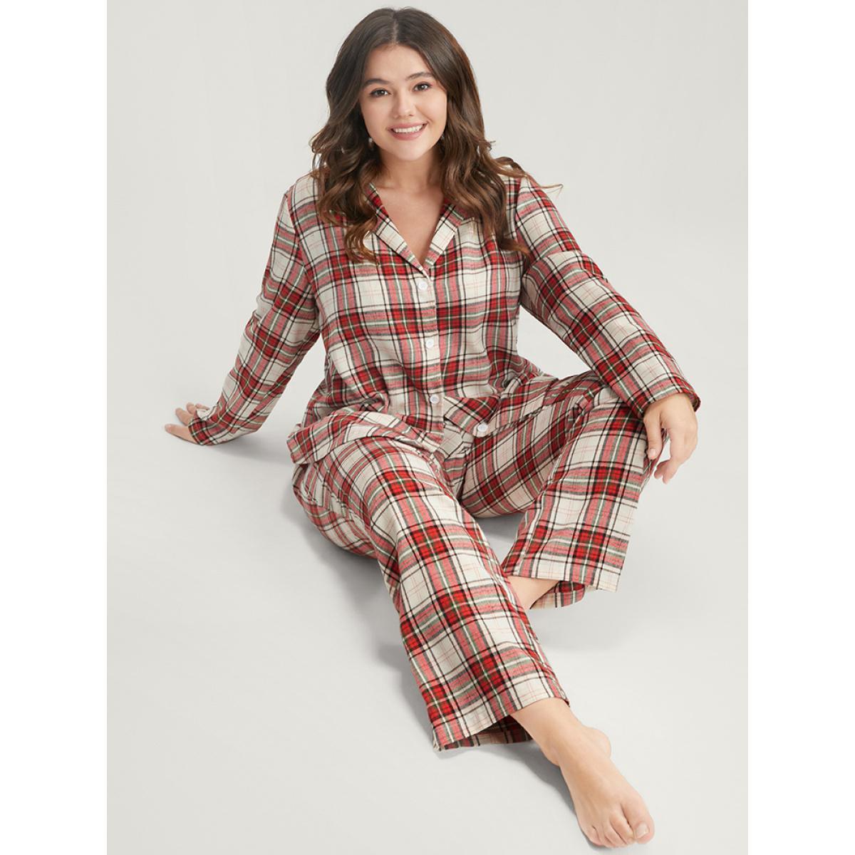 Plus Size Plaid Lapel Collar Button Up Pajama Set Women Scarlet Plaid Elastic Waist Long Sleeve Lapel Collar Casual Loungewear Sets BloomChic 12/L Product Image