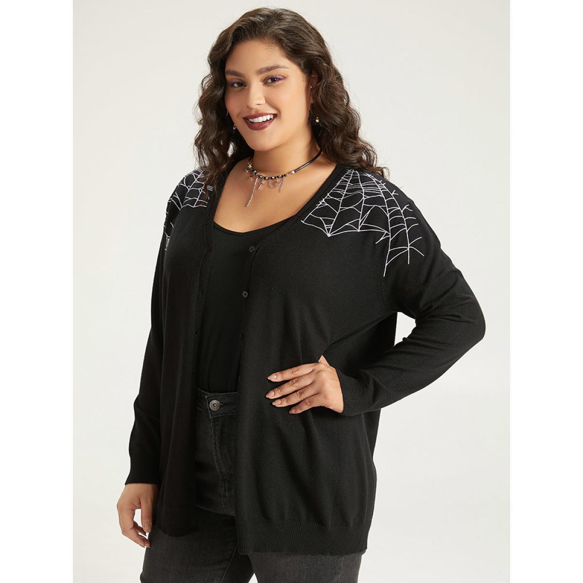 Plus Size Supersoft Essentials Halloween Spider Web Button Through Cardigan Black Women Casual Loose Long Sleeve Dailywear Cardigans BloomChic 26/4X Product Image