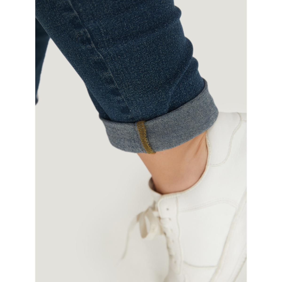 Plus Size Plain Elastic Waist Medium Wash Roll Hem Jeans Women Indigo Casual Plain Plain High stretch Pocket Jeans BloomChic 24/3X Product Image