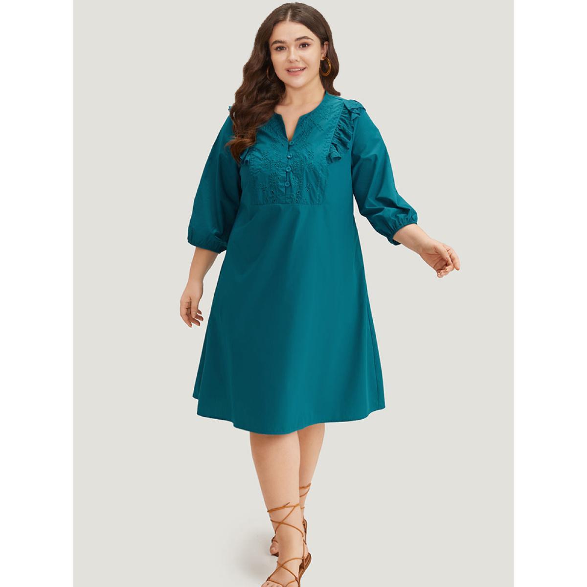 Plus Size Plain Ruffle Trim Lantern Sleeve Dress Cerulean Women Vacation Elastic cuffs Notched collar Elbow-length sleeve Curvy Midi Dress BloomChic 18-20/2X Product Image