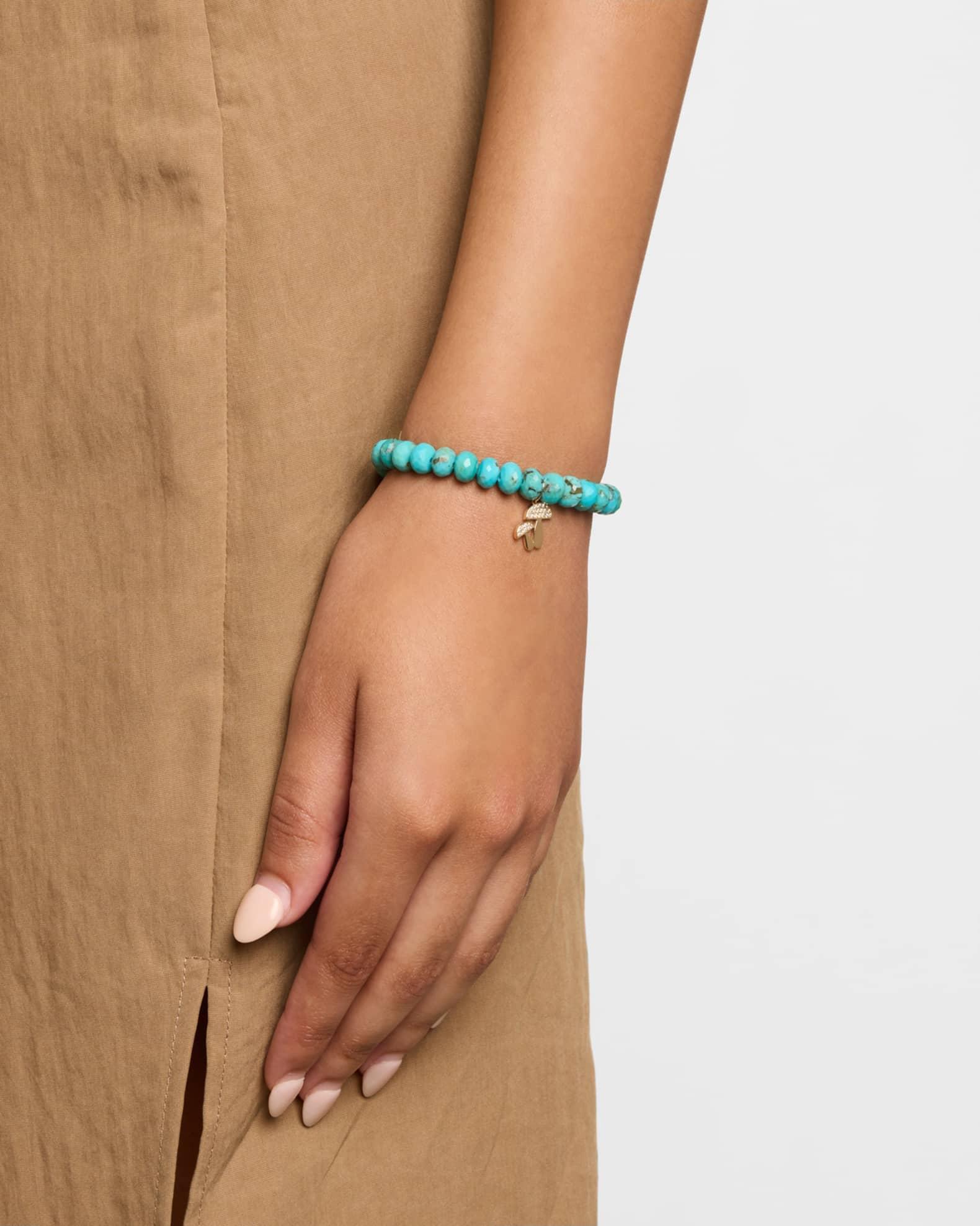 14K Gold Diamond Pave Mushroom Charm Turquoise Beaded Bracelet Product Image
