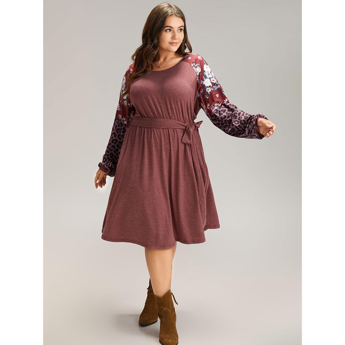 Plus Size Floral Leopard Patchwork Belted Lantern Sleeve Dress DustyPink Women Casual Belted Round Neck Long Sleeve Curvy Midi Dress BloomChic 18-20/2X Product Image