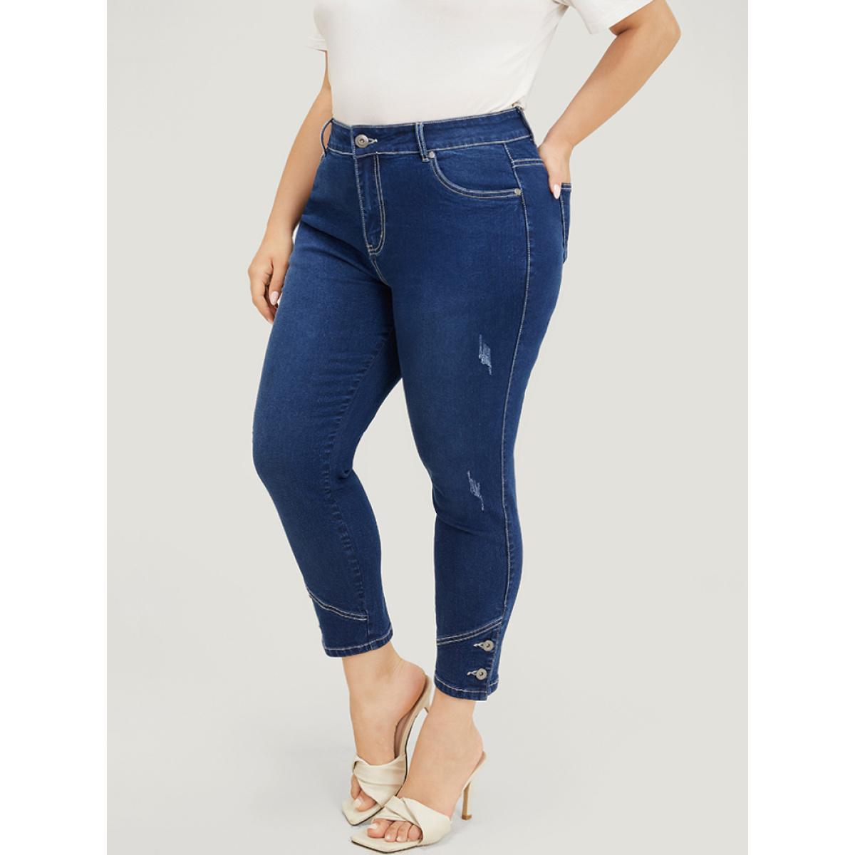 Plus Size Very Stretchy High Rise Dark Wash Button Hem Jeans Women Indigo Casual Plain Button High stretch Jeans BloomChic 28/5X Product Image