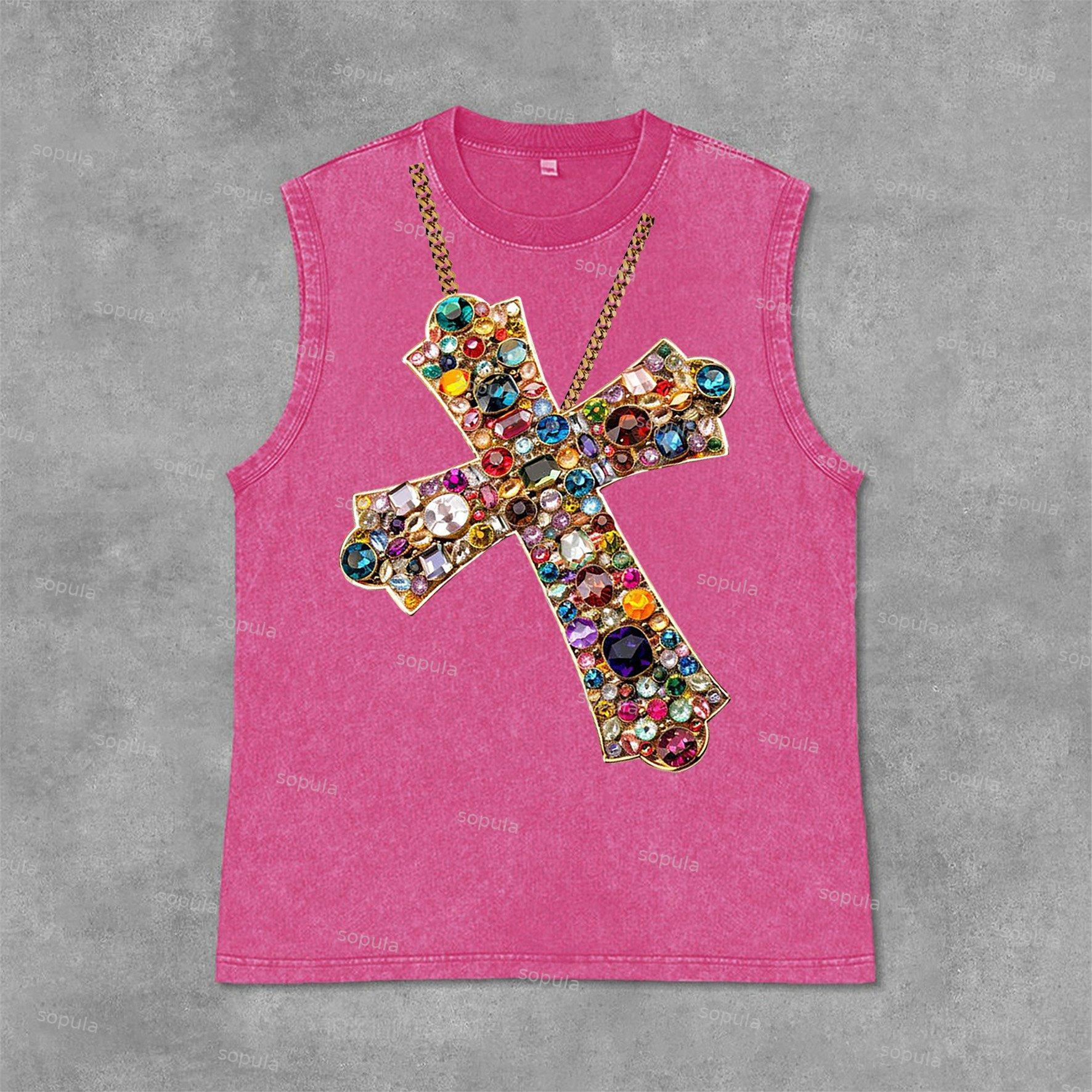 Diamond Cross Graphic Print Acid Washed Sleeveless Tank Top Product Image