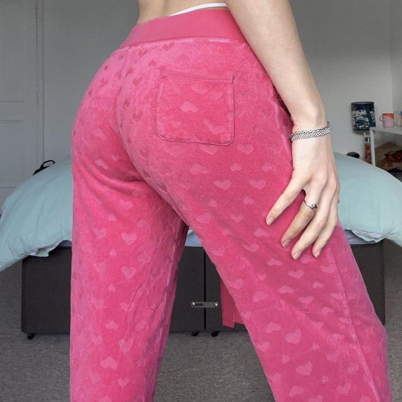 Low Waist Heart Print Velvet Straight-Fit Wide-Leg Pants Product Image