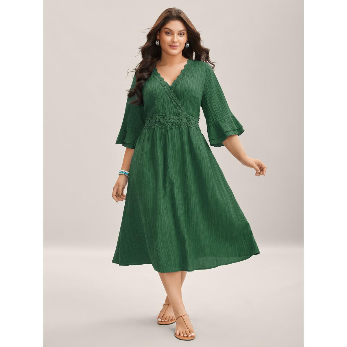 Plus Size Scalloped Lace Surplice Ruffled Midi Dress Truegreen Women Overlap Collar Elbow-length sleeve Curvy BloomChic 18-20/2X Product Image