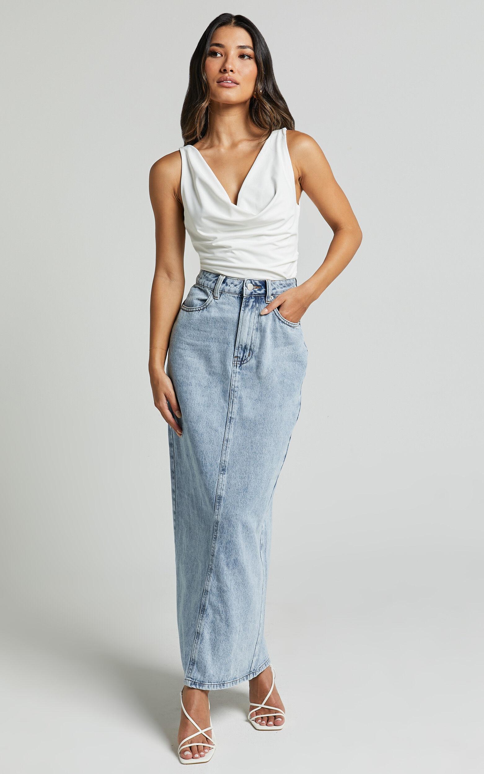 Bailee Midi Skirt - Denim Column Back Split Skirt in Light Blue Wash Product Image