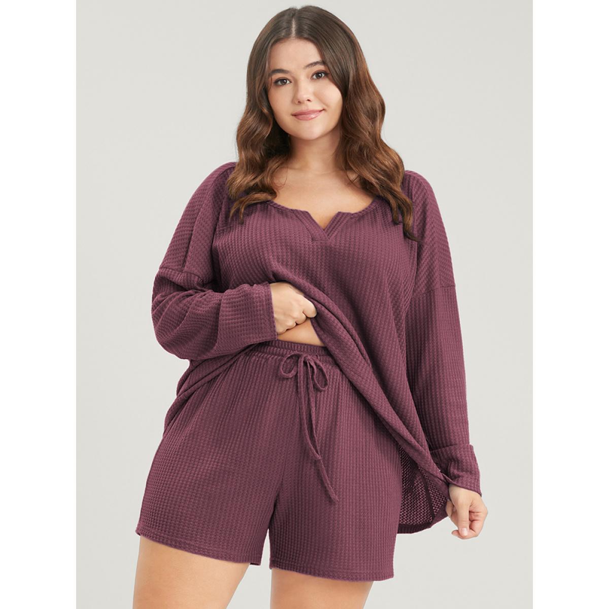 Plus Size Solid Notched Waffle Knit Pajama Set Women DustyPink Plain Plain Long Sleeve Notched collar Casual Loungewear Sets BloomChic 22-24/3X Product Image