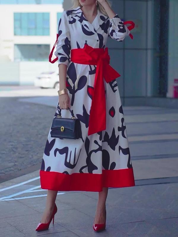 A-Line Long Sleeves Buttoned Contrast Color Tied Waist Notched Collar Maxi Dresses Shirt Dress Product Image