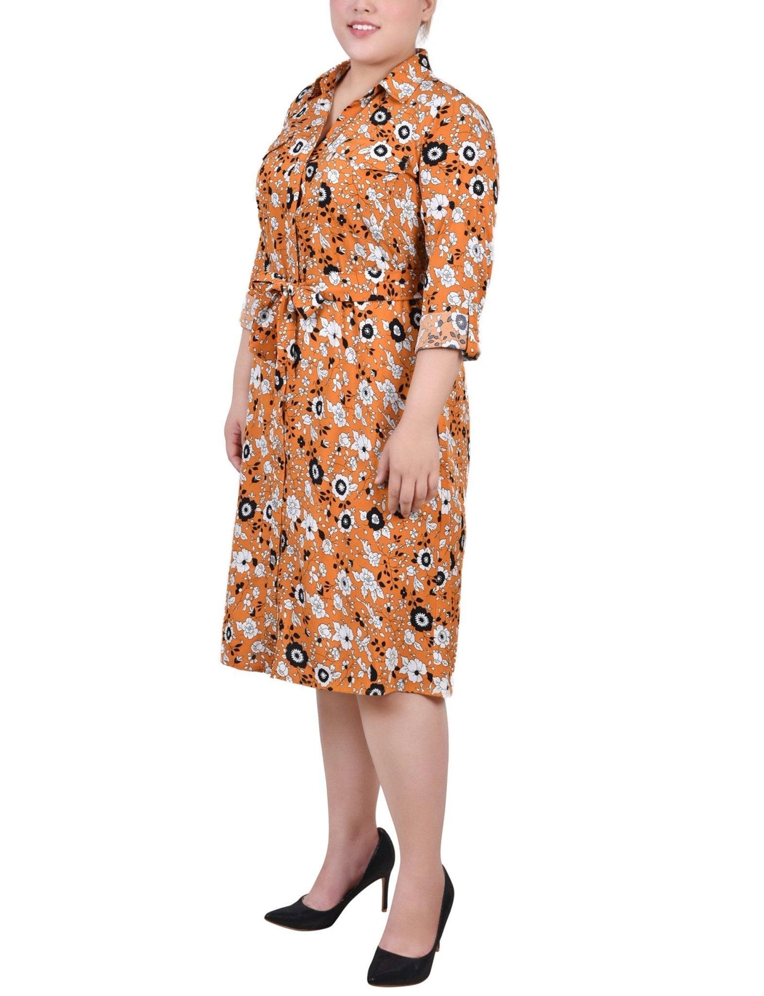 Mustard Black Floral 3/4 Roll Tab Sleeve Belted Shirtdress - Plus Product Image
