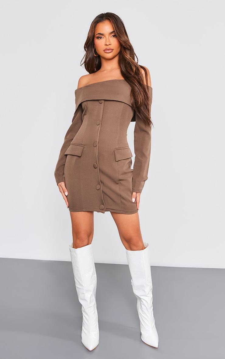 Chocolate Off Shoulder Button Front Shift Blazer Dress Product Image