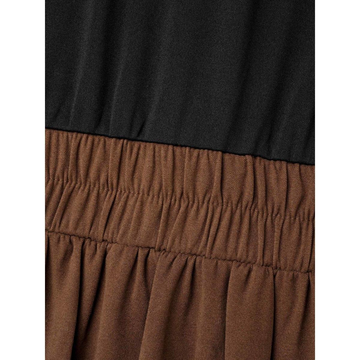 Plus Size Crew Neck Contrast Shirred Pleated Dress Browncoffeecolor Women Casual Contrast Round Neck Long Sleeve Curvy BloomChic 14-16/1X Product Image