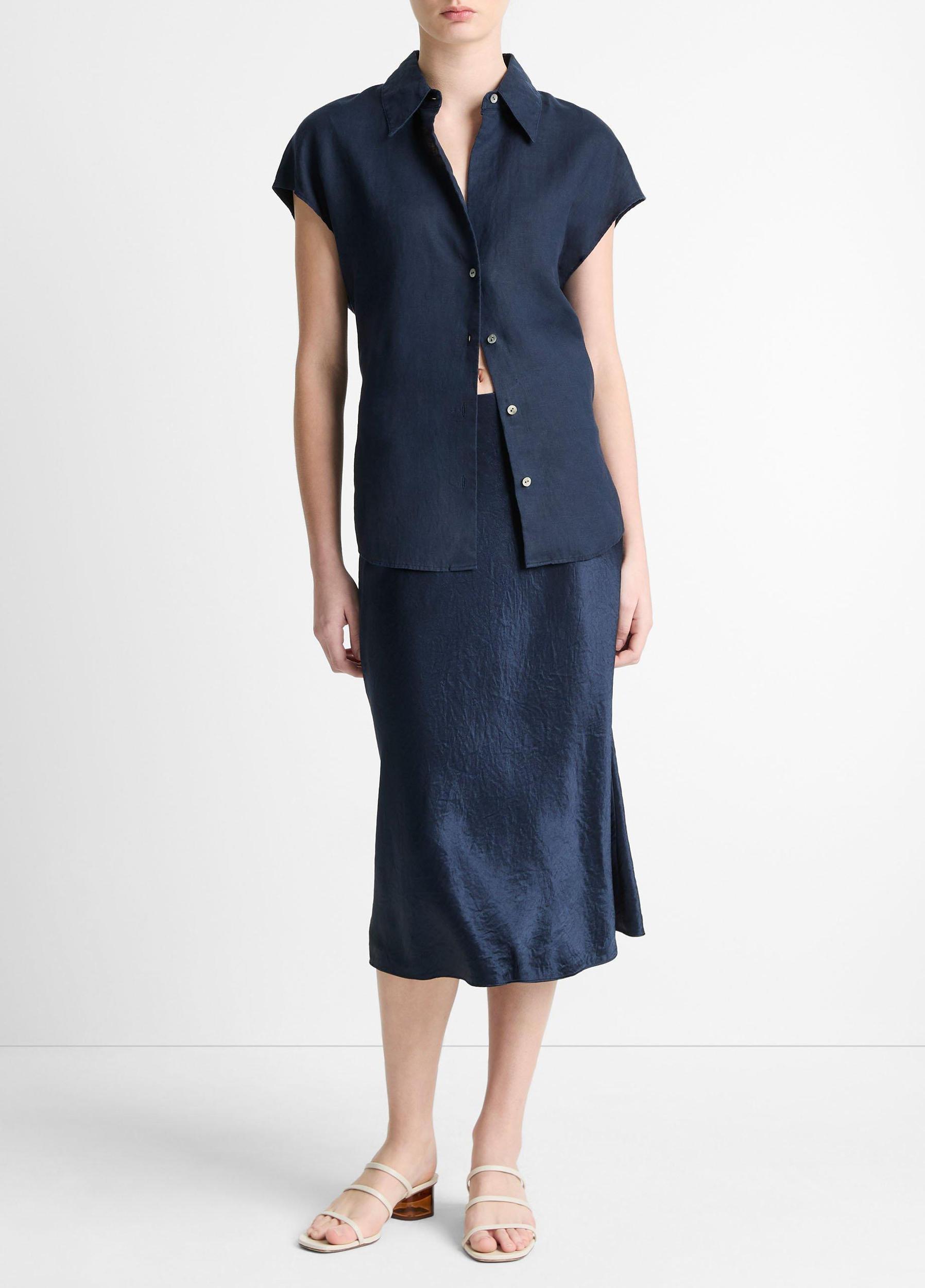 Womens Linen Cap-Sleeve Button-Front Blouse, Sky Mist, Size XXS Vince Product Image