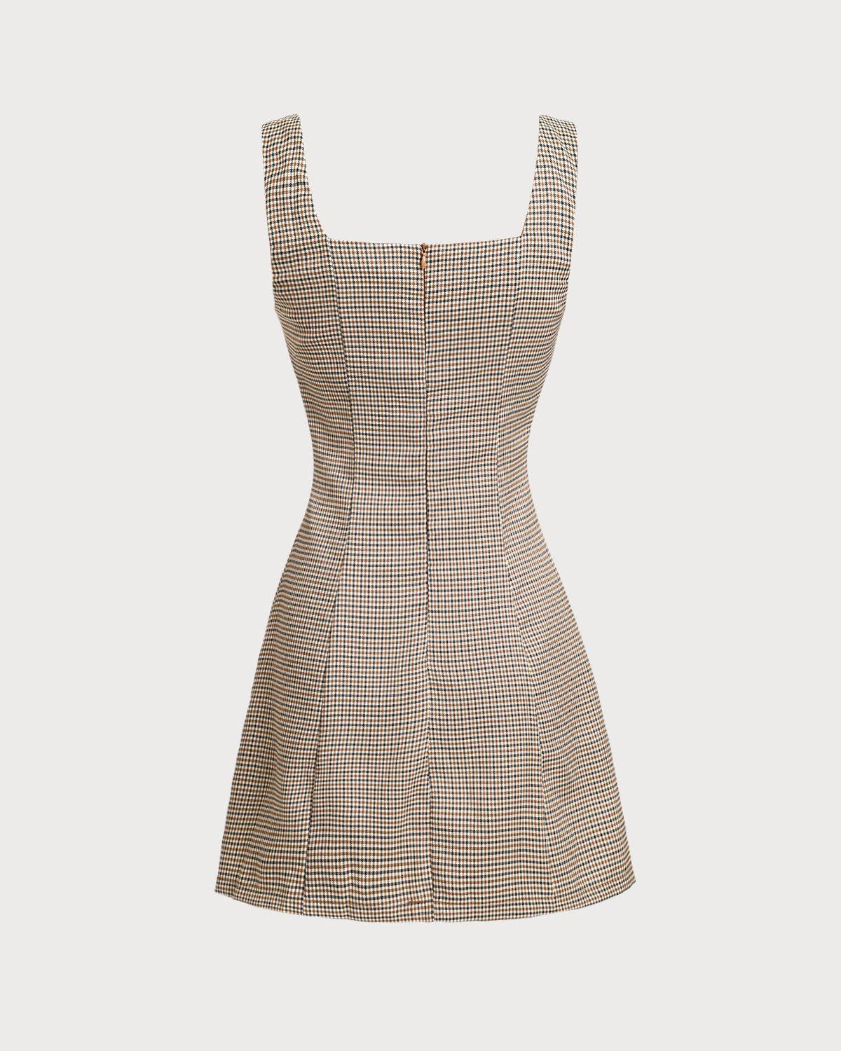 Brown Plaid Button Slip Mini Dress Product Image