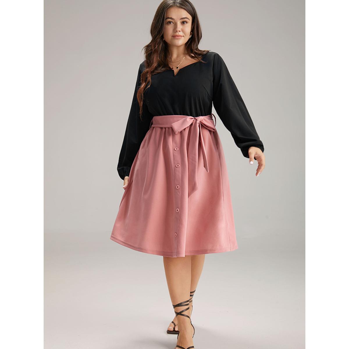 Plus Size Contrast Patchwork Button Detail Belted Dress Rouge Women At the Office Elastic cuffs Notched collar Long Sleeve Curvy Midi Dress BloomChic 30/6X Product Image