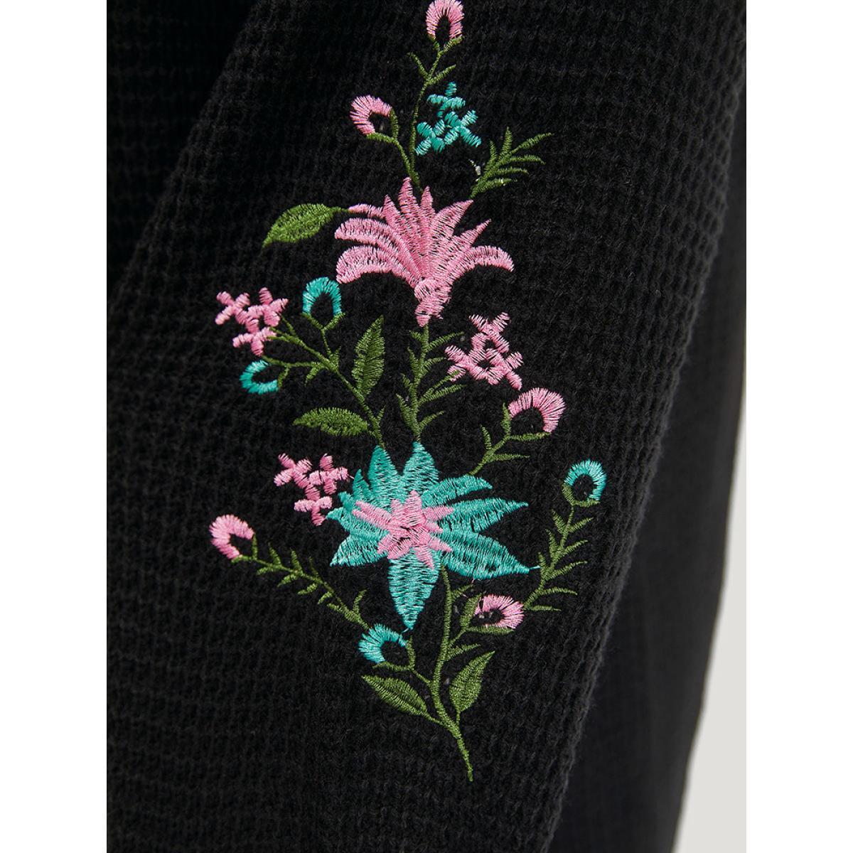 Plus Size Plants Embroidered Lantern Sleeve Open Front Cardigan Black Women Casual Loose Long Sleeve Dailywear Cardigans BloomChic 10/M Product Image