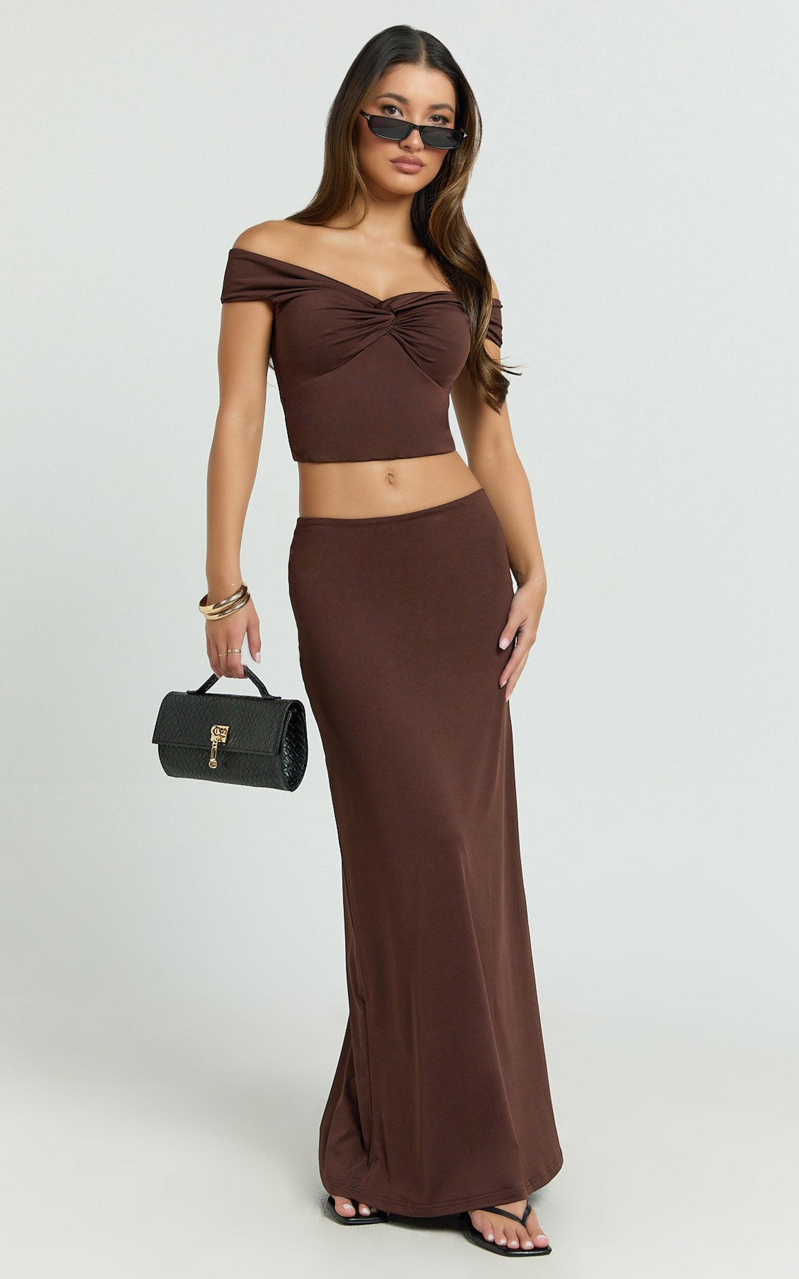 Chaney Top and Skirt Set - Twist Front Off Shoulder Top and Gathered Maxi Skirt Set in Chocolate Product Image