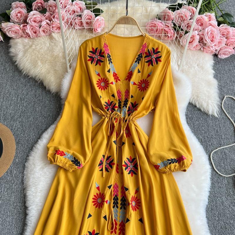 Long Sleeve V-Neck Floral Embroidered Drawstring-Waist Maxi A-Line Dress Product Image