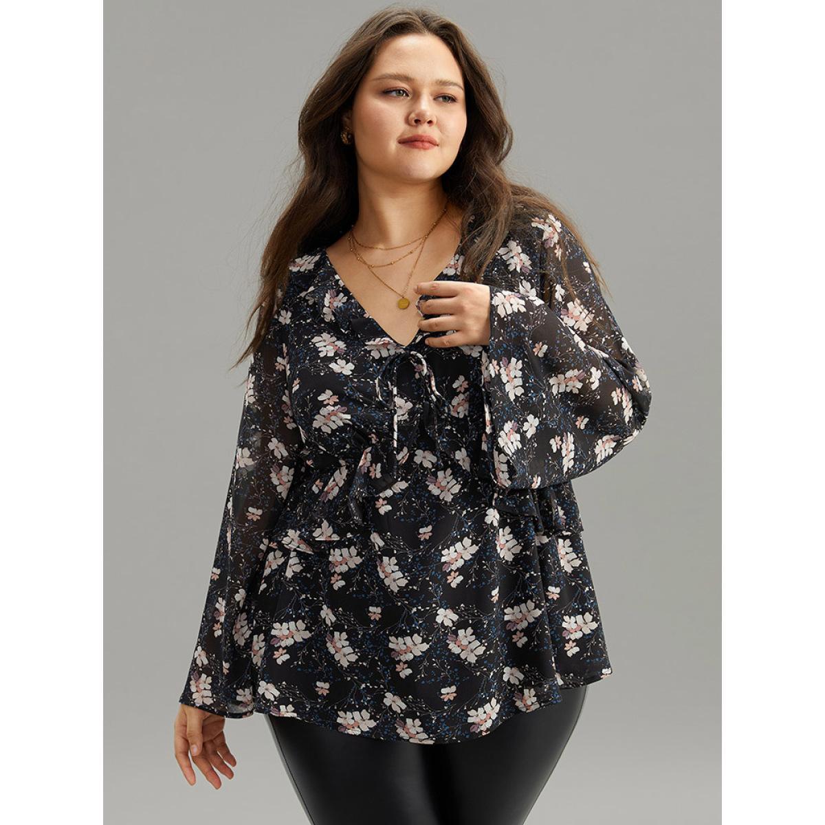 Plus Size BlackFlower Ditsy Floral Ties Ruffles Elastic Waist Blouse Women Elegant Long Sleeve V-neck Dailywear Blouses BloomChic 26/4X Product Image