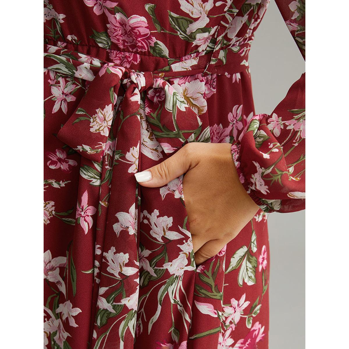 Plus Size Floral Print Belted Patchwork Gathered Dress Scarlet Women Elegant Elastic cuffs Round Neck Long Sleeve Curvy Midi Dress BloomChic 22-24/3X Product Image