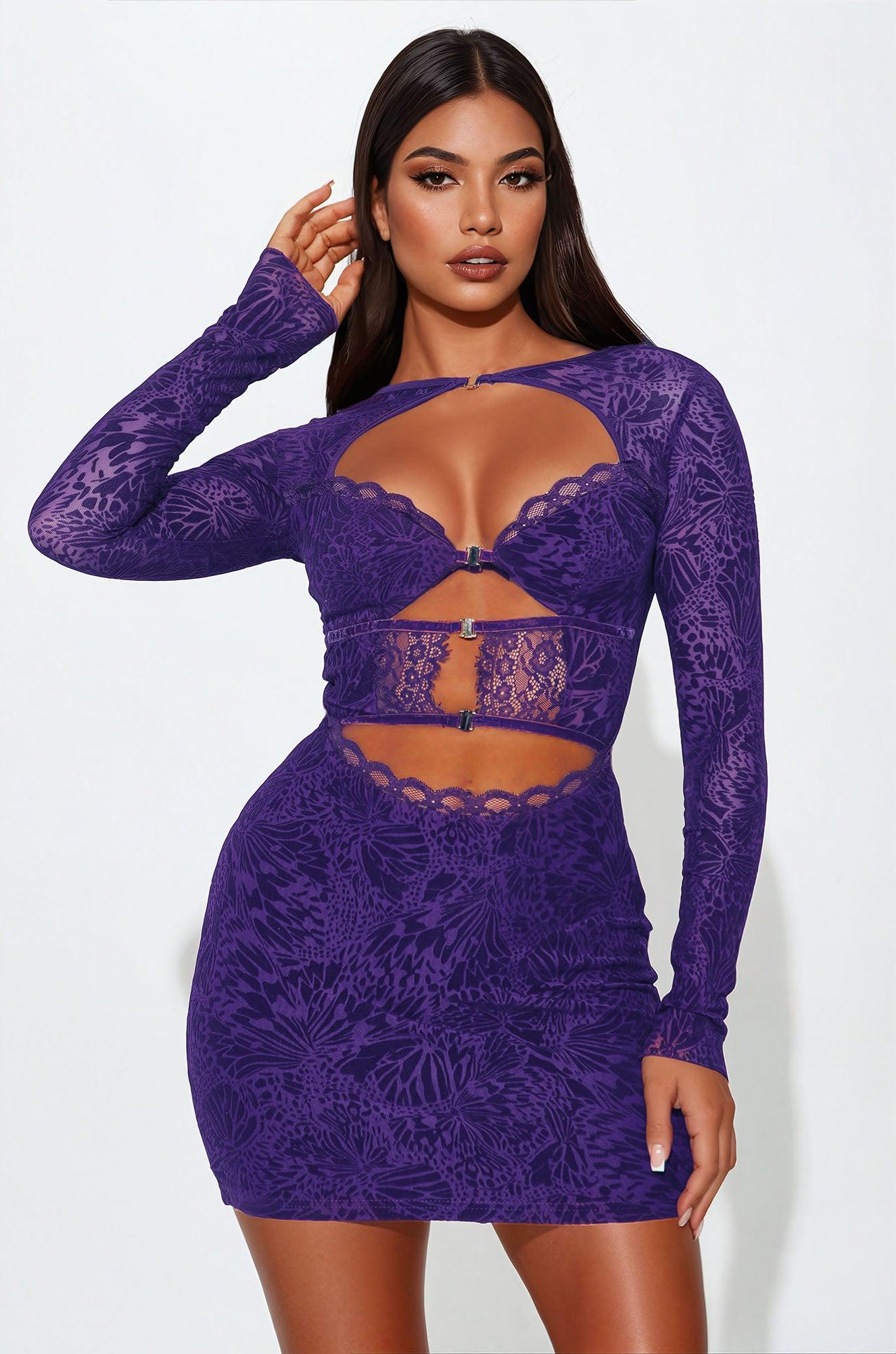 Alexa Longsleeve Mesh Mini Dress - Plum Product Image