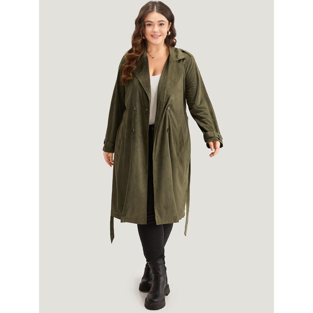 Plus Size Plain Lapel Collar Pocket Belted Faux Suede Coat Women ArmyGreen Casual Plain Ladies Dailywear Winter Coats BloomChic 10/M Product Image