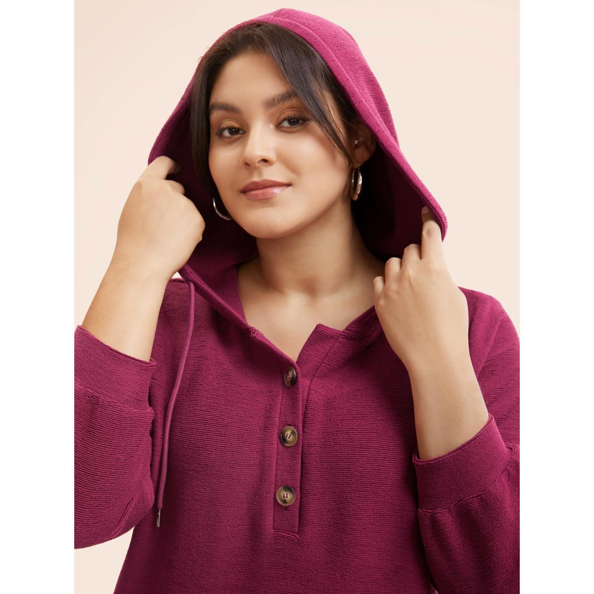 Plus Size Solid Button Up Hooded Drawstring Sweatshirt Women RedViolet Casual Texture Hooded Everyday Sweatshirts BloomChic 14-16/1X Product Image