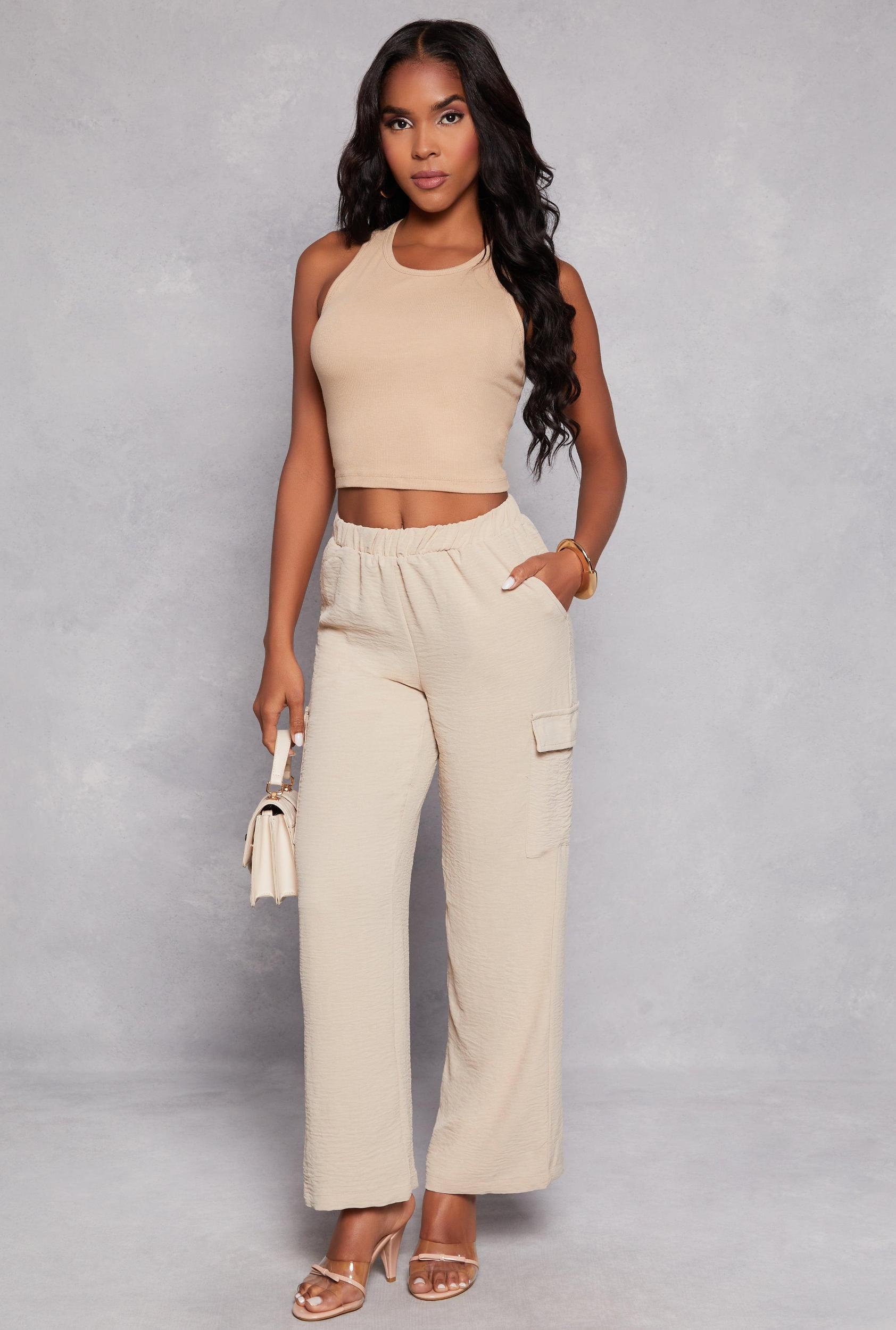 Womens Airy Crepe Knit Cargo Wide Leg Pants Product Image