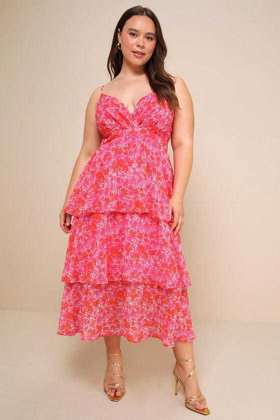 Adorable Obsession Pink Floral Print Lurex Tiered Midi Dress Product Image