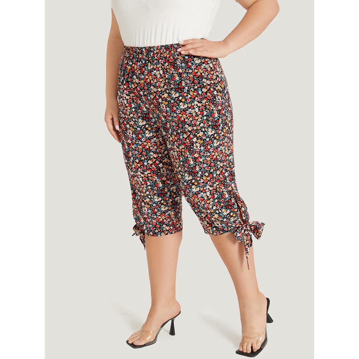 Plus Size Ditsy Floral Pocket Elastic Waist Twist Hem Pants Women Multicolor Elegant High Rise Dailywear Pants BloomChic 26/4X Product Image