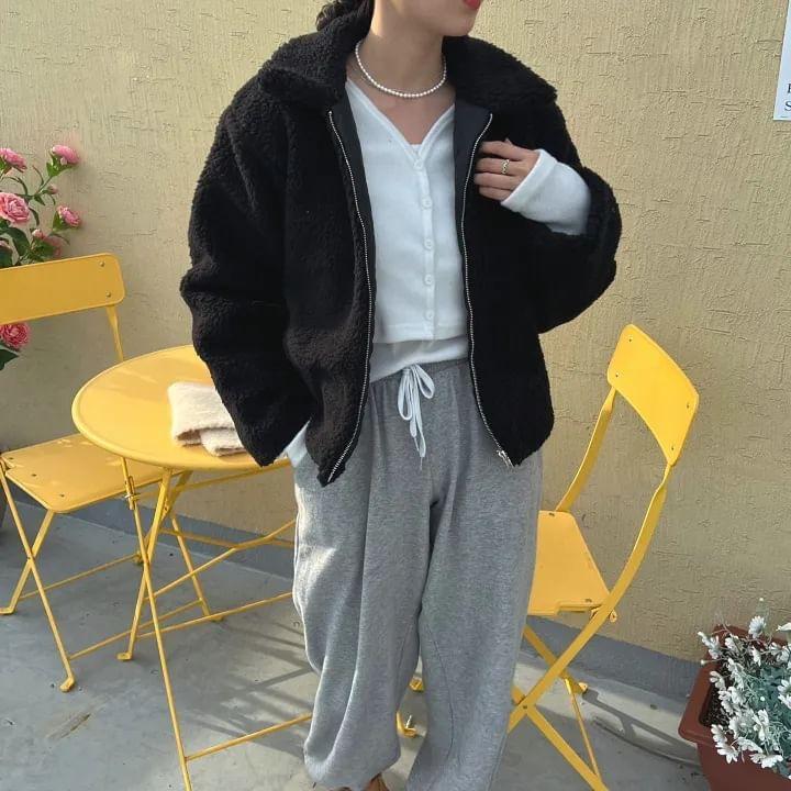 Collar Plain Fleece Zip Jacket Product Image