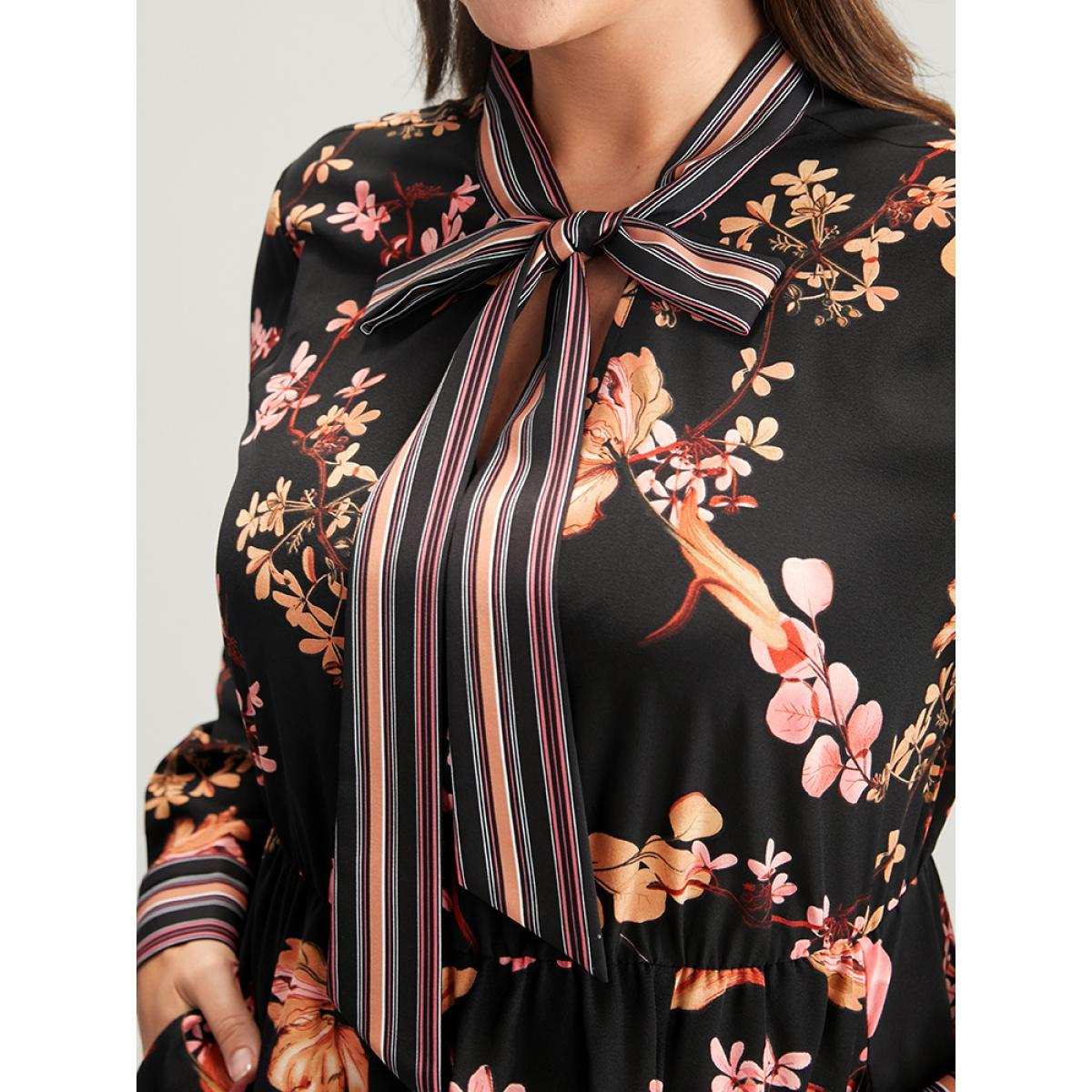 Plus Size Floral Keyhole Pocket Knotted Neck Split Dress Black Women Elegant Knotted Tie Neck Long Sleeve Curvy Long Dress BloomChic 28/5X Product Image