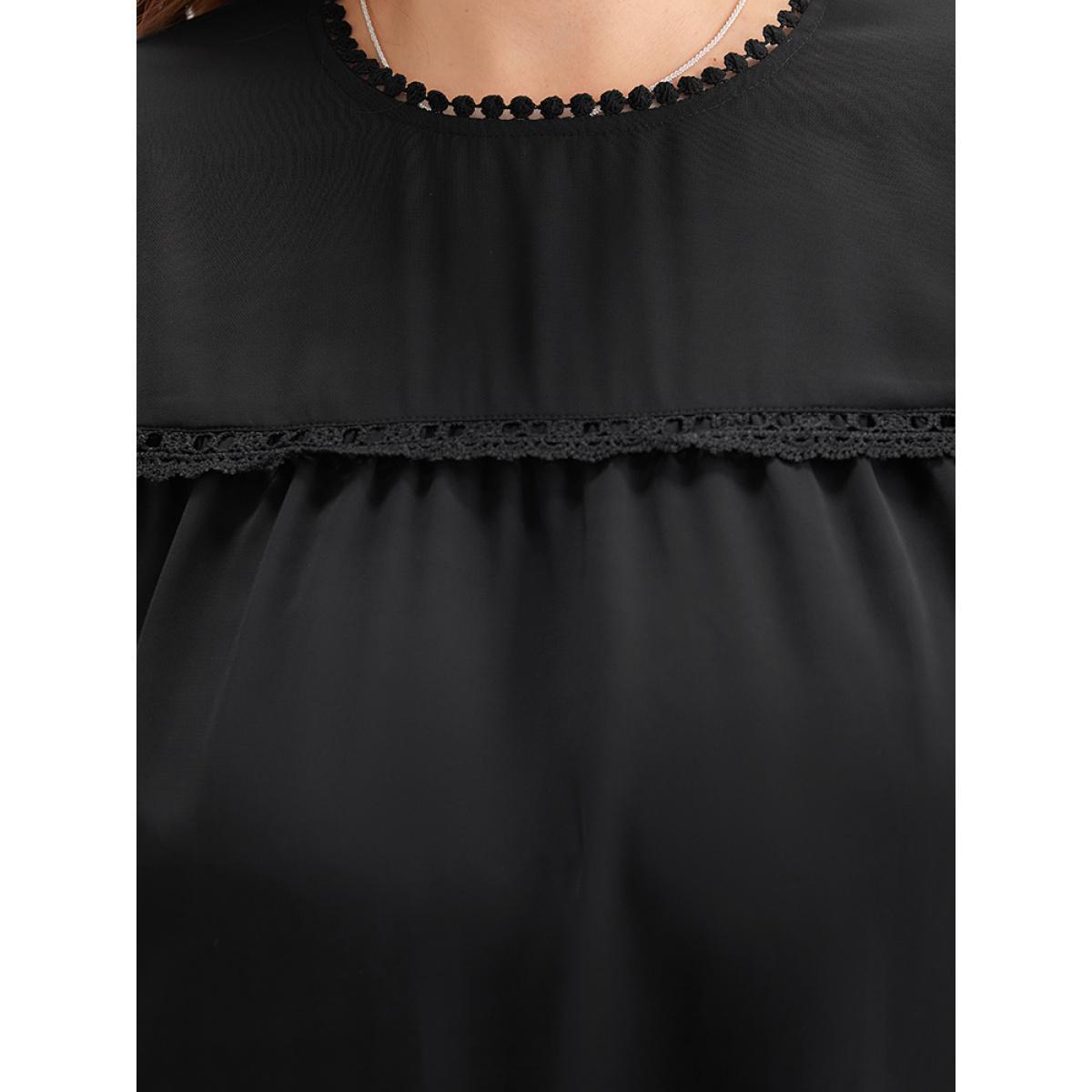 Plus Size Black Anti-Wrinkle Pompom Trim Guipure Lace Keyhole Blouse Women Office Long Sleeve Round Neck Dailywear Blouses BloomChic 14-16/1X Product Image