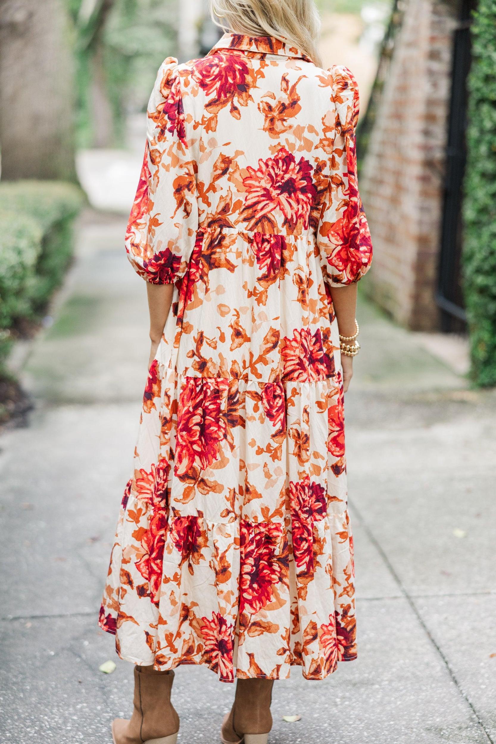 Just Go With It Cream Floral Midi Dress Female Product Image